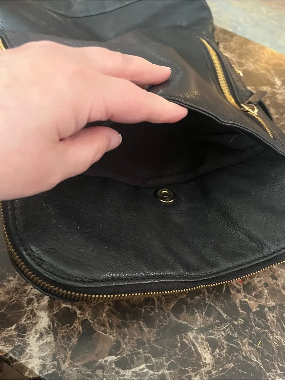 margot Black Leather Backpack with Gold Zippers